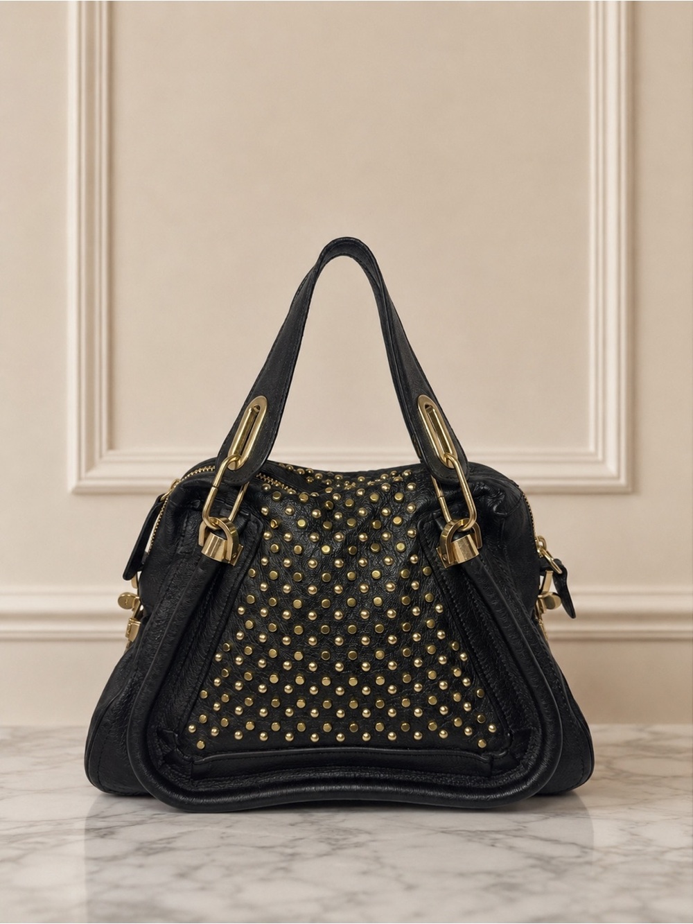 Chloé Black Studded Paraty Satchel Bag Gold Hardware Missing Strap